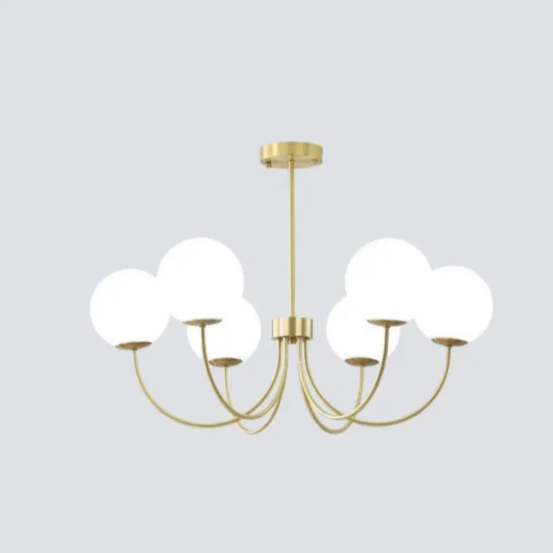 Goldener Kronleuchter mit Kugeln aus Opalglas für Wohnzimmer, Modern