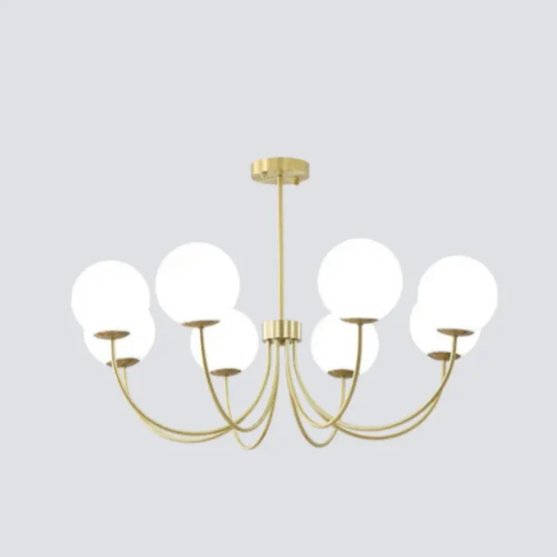 Goldener Kronleuchter mit Kugeln aus Opalglas für Wohnzimmer, Modern