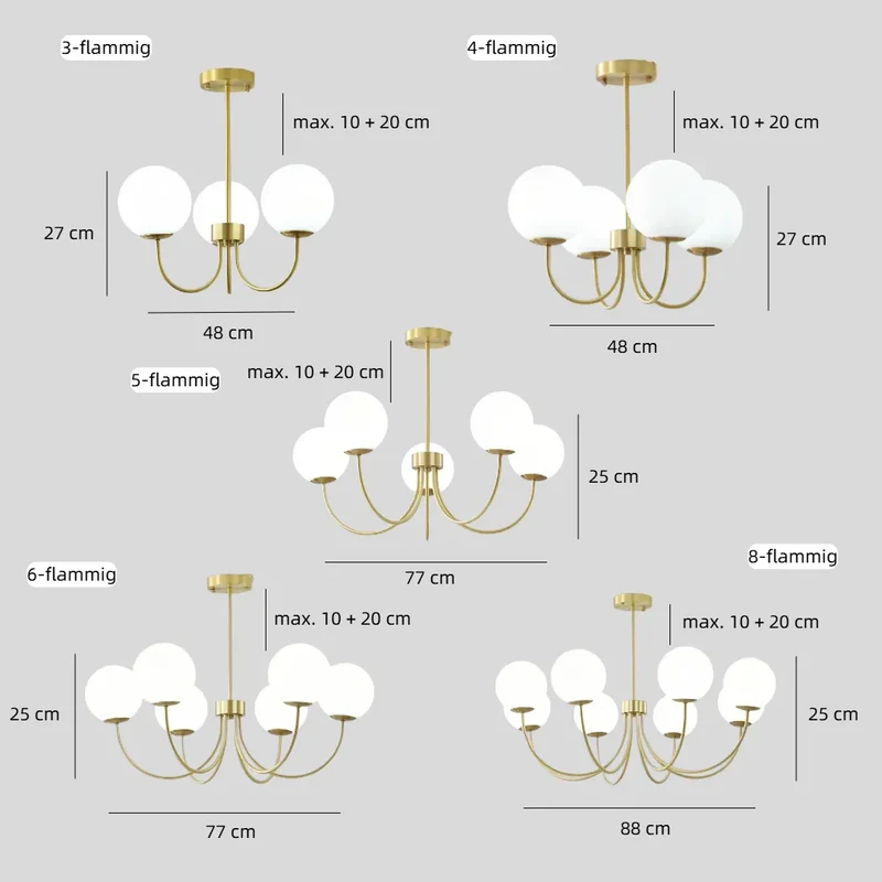 Goldener Kronleuchter mit Kugeln aus Opalglas für Wohnzimmer, Modern