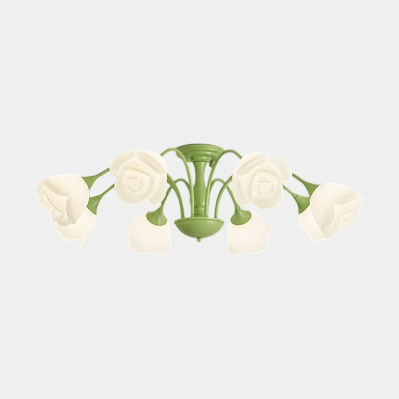 Semi-Flush Mount Ceiling Light Cream Rose Flower, Green / White