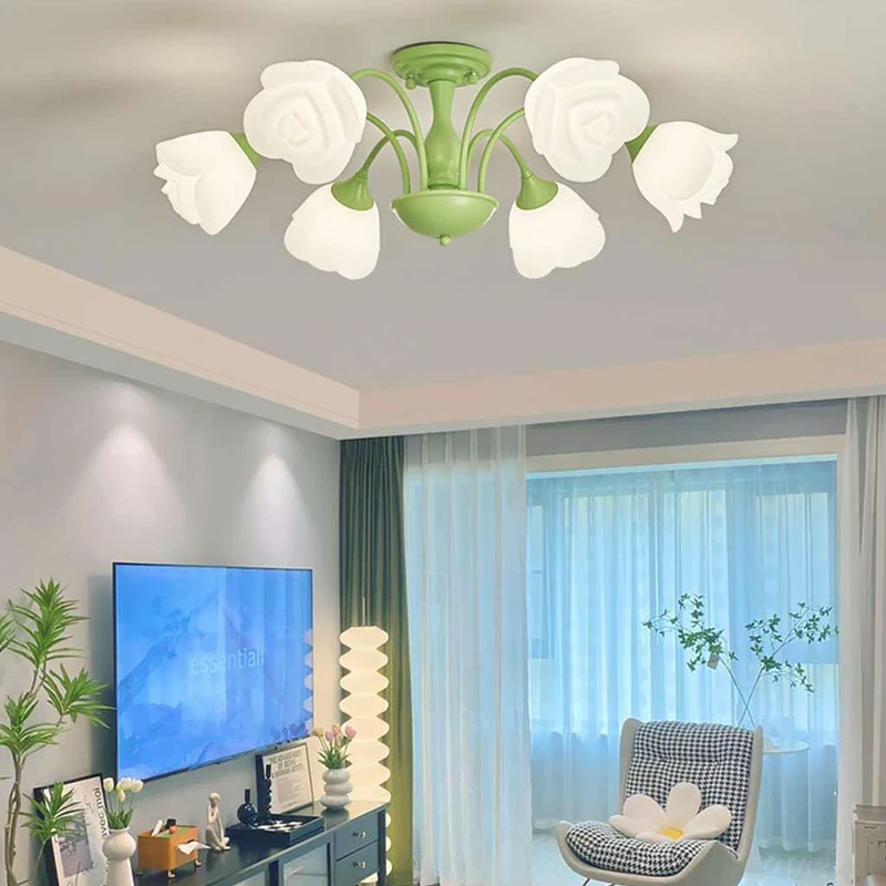 Semi-Flush Mount Ceiling Light Cream Rose Flower, Green / White