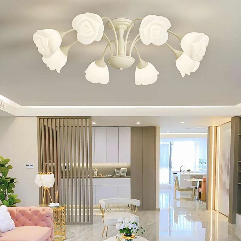 Semi-Flush Mount Ceiling Light Cream Rose Flower, Green / White