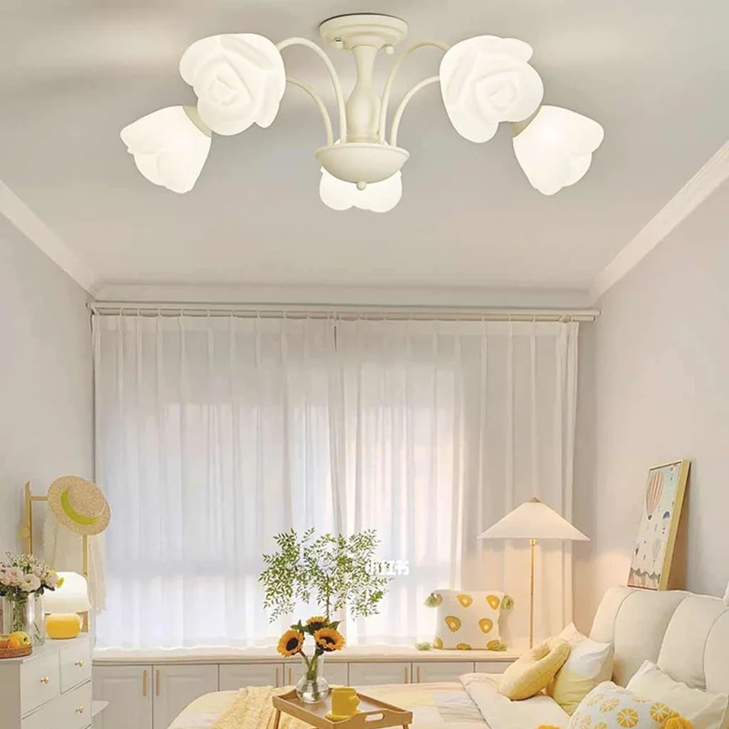 Semi-Flush Mount Ceiling Light Cream Rose Flower, Green / White