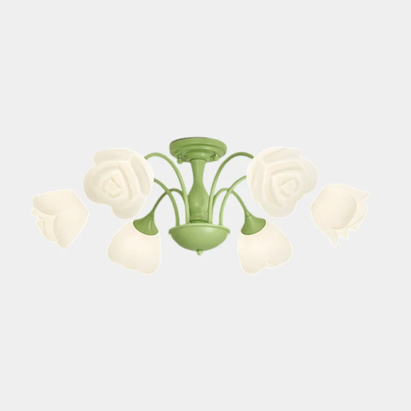 Semi-Flush Mount Ceiling Light Cream Rose Flower, Green / White