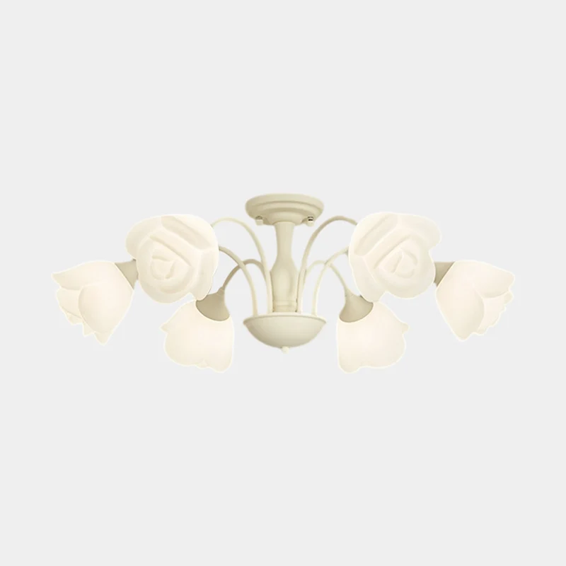 Semi-Flush Mount Ceiling Light Cream Rose Flower, Green / White