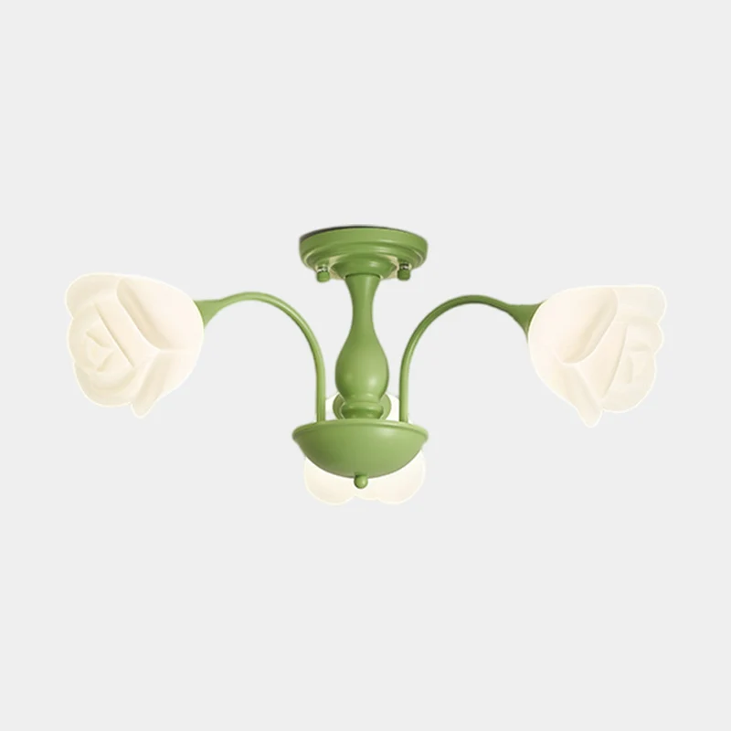 Semi-Flush Mount Ceiling Light Cream Rose Flower, Green / White