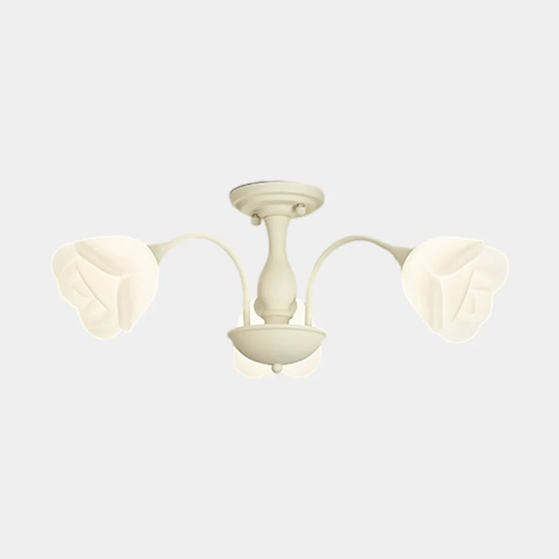 Semi-Flush Mount Ceiling Light Cream Rose Flower, Green / White