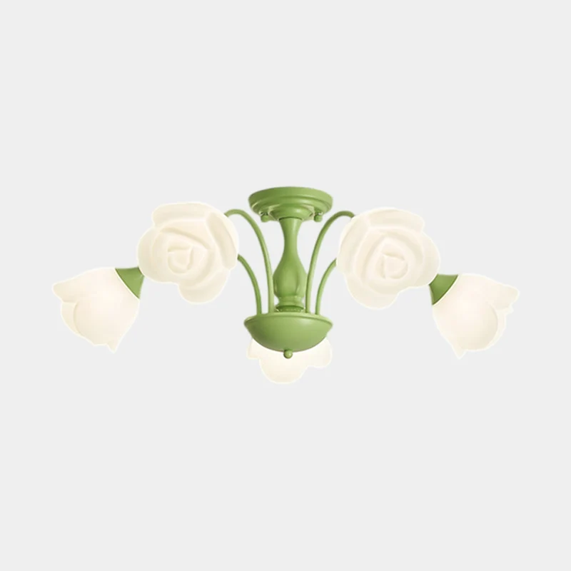 Semi-Flush Mount Ceiling Light Cream Rose Flower, Green / White