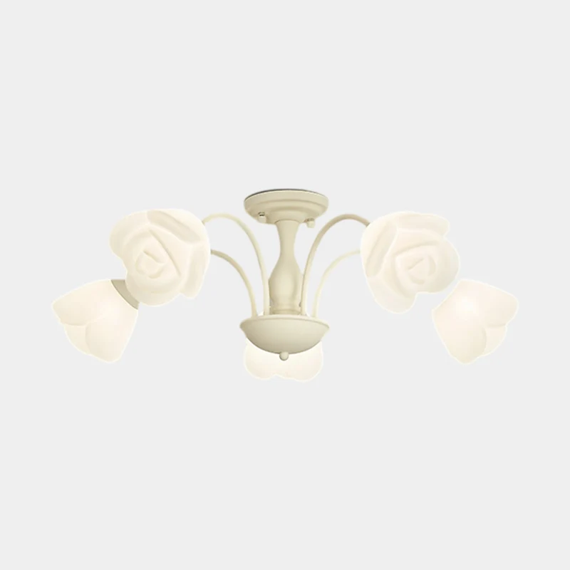 Semi-Flush Mount Ceiling Light Cream Rose Flower, Green / White