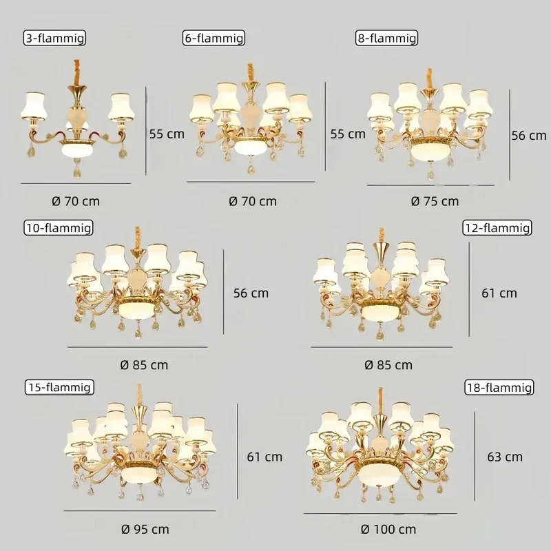 Vintage Kronleuchter in Gold mit Glasschirmen für das Wohnzimmer