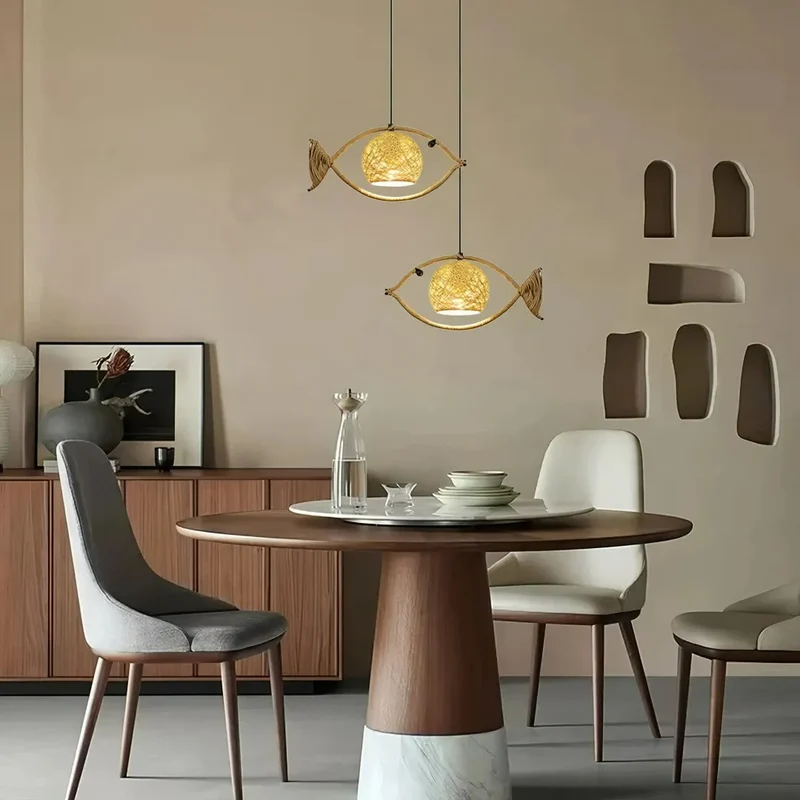 Boho Pendelleuchte aus Seil mit Fischmotiv für Esszimmer