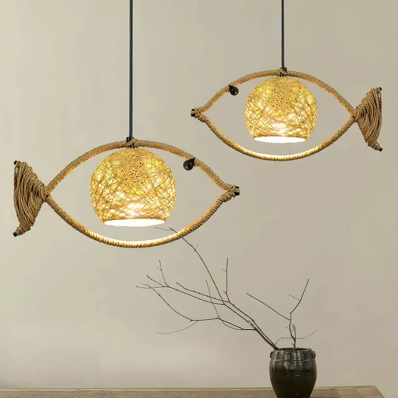 Boho Pendelleuchte aus Seil mit Fischmotiv für Esszimmer