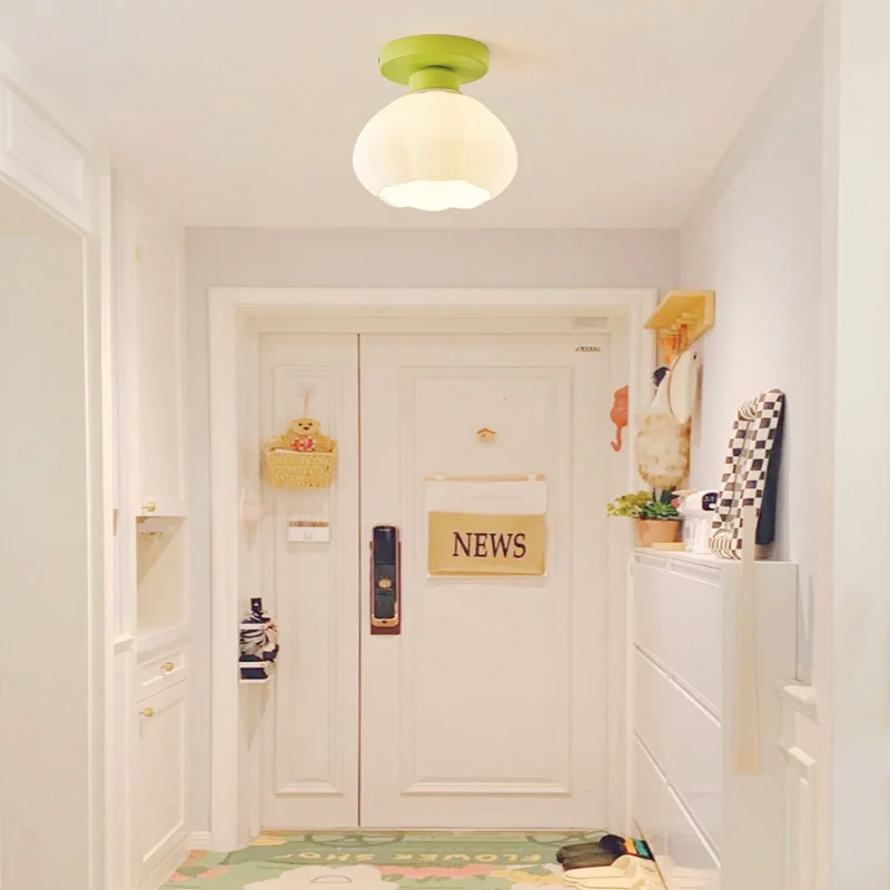 Ceiling Light Semi-Flush Mount Cream Glass Flower Lily of the Valley, White / Green