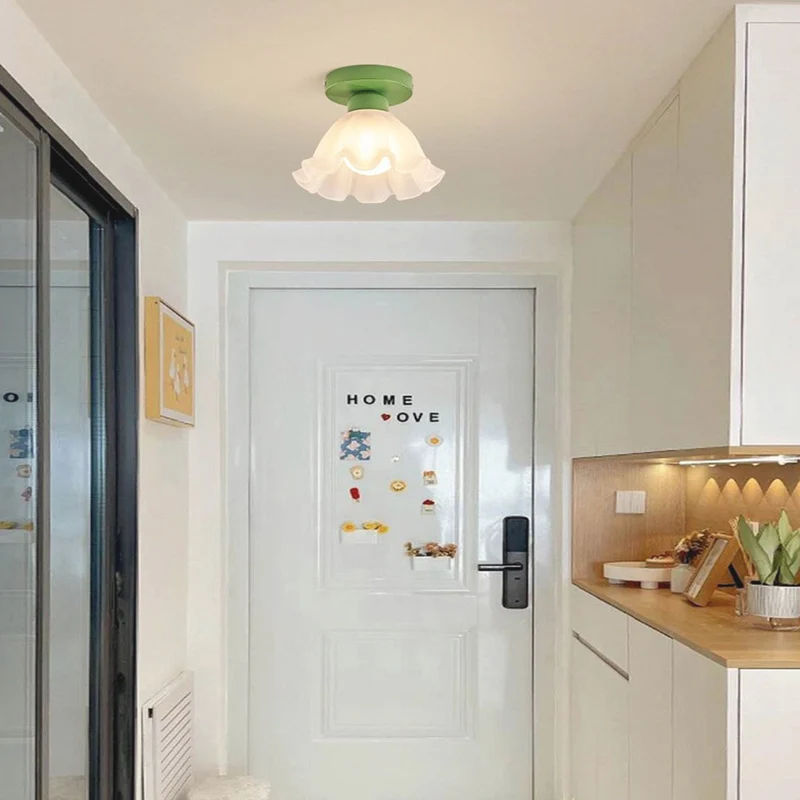 Ceiling Light Semi-Flush Mount Cream Glass Flower Lily of the Valley, White / Green