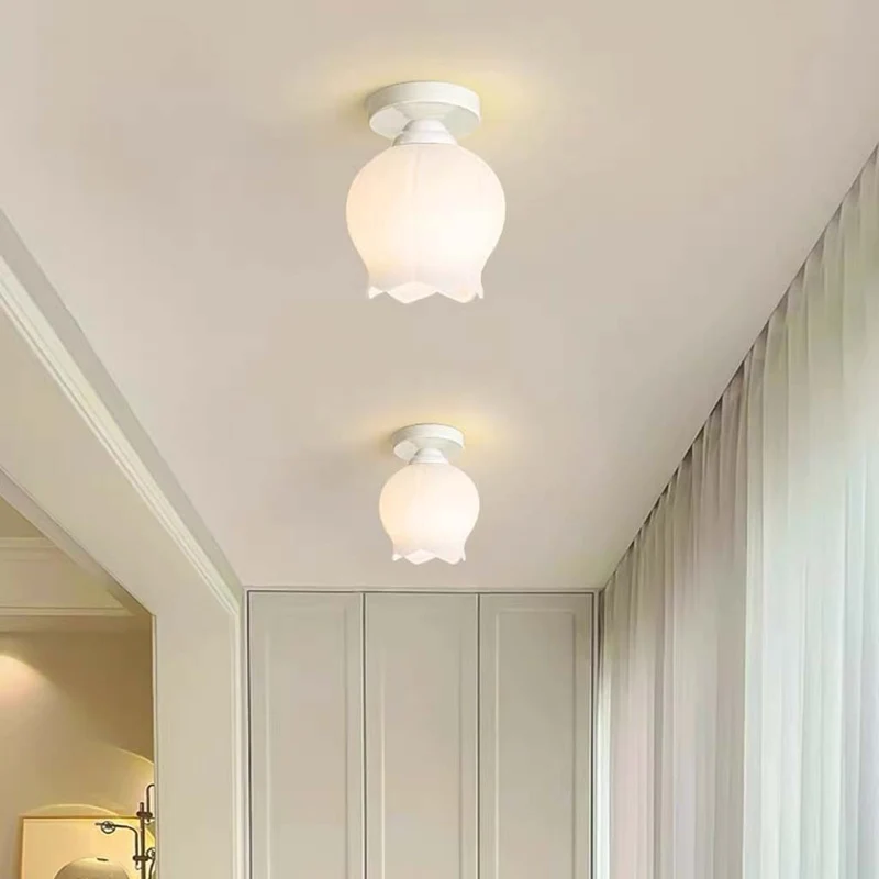 Ceiling Light Semi-Flush Mount Cream Glass Flower Lily of the Valley, White / Green