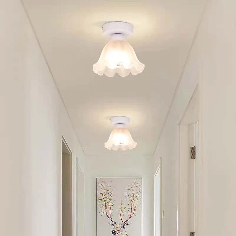 Ceiling Light Semi-Flush Mount Cream Glass Flower Lily of the Valley, White / Green