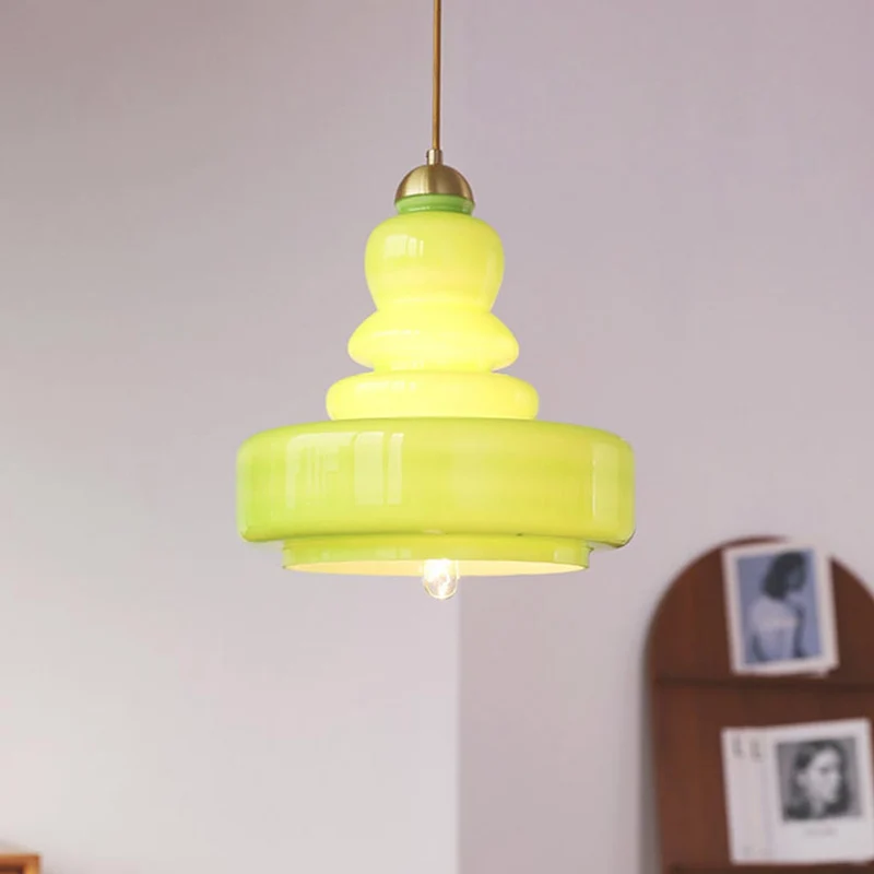 Pendant Light French Retro Glass Gourd, Green / Beige