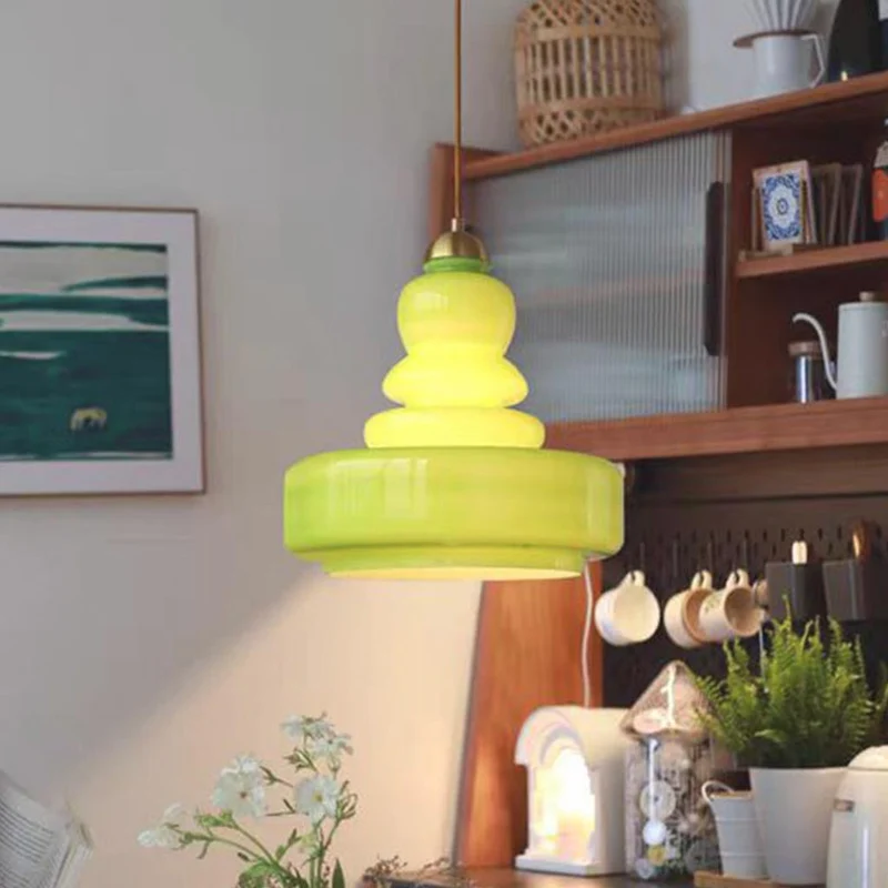 Pendant Light French Retro Glass Gourd, Green / Beige
