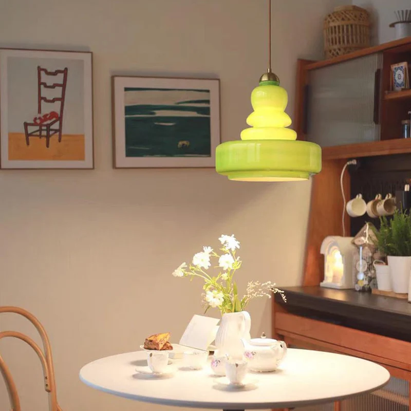 Pendant Light French Retro Glass Gourd, Green / Beige