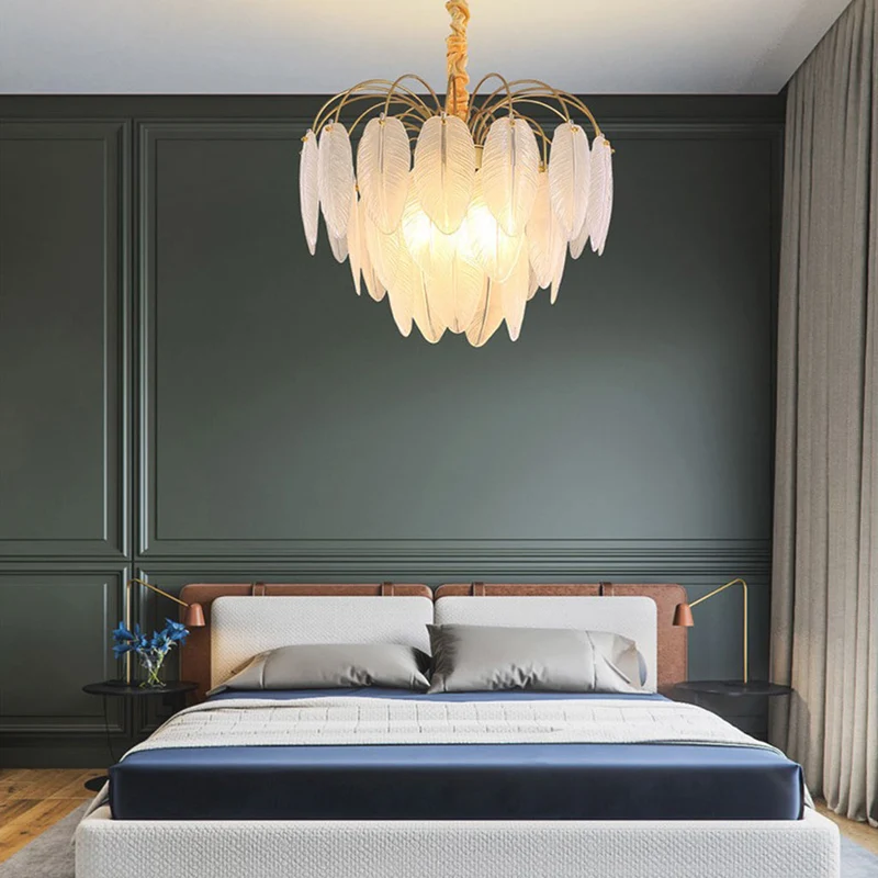 Chandelier Modern Arch Glass Feather, Gold & White