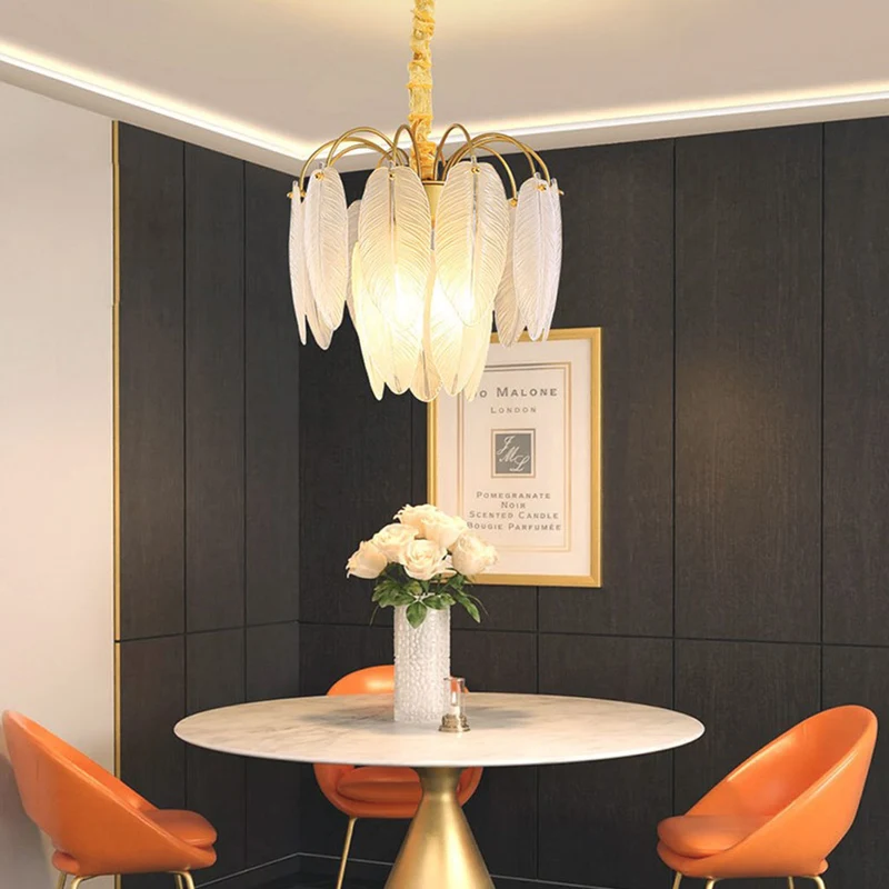 Chandelier Modern Arch Glass Feather, Gold & White