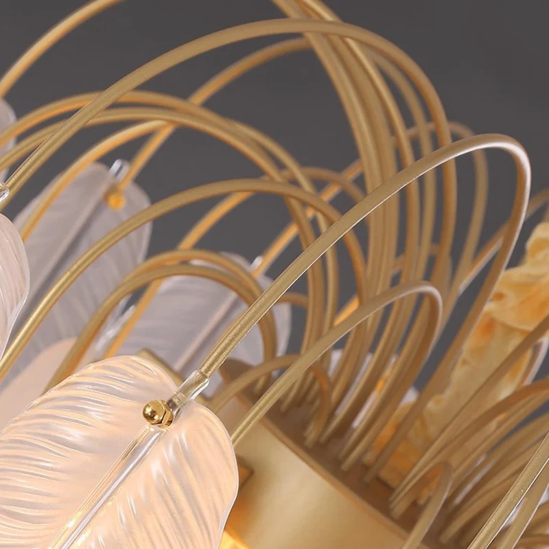 Chandelier Modern Arch Glass Feather, Gold & White