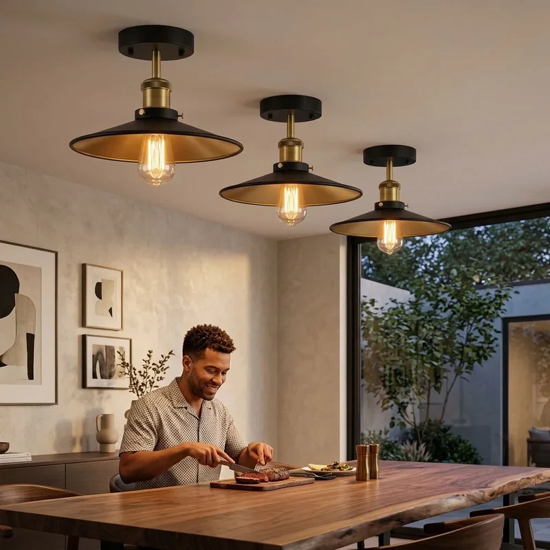 Flach Deckenleuchte Halbbündig Schwarz Gold | E27 Retro Wohnzimmer Lampe set~3600