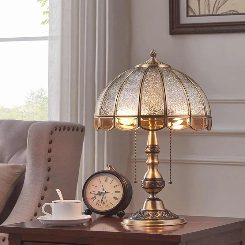 Table Lamp Vintage Brass Umbrella with Pull Chain