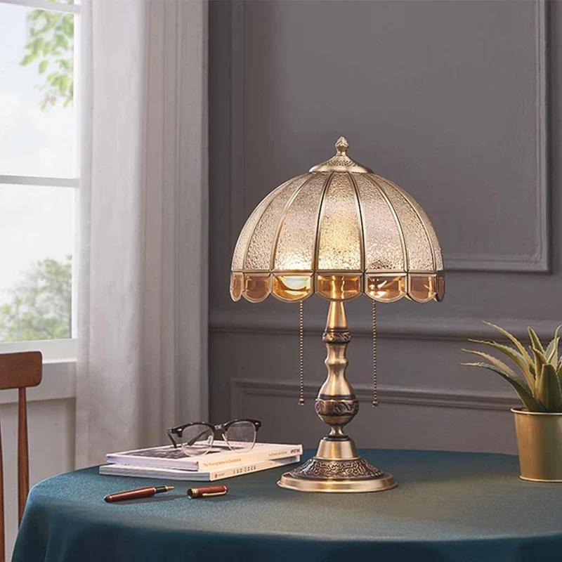 Table Lamp Vintage Brass Umbrella with Pull Chain