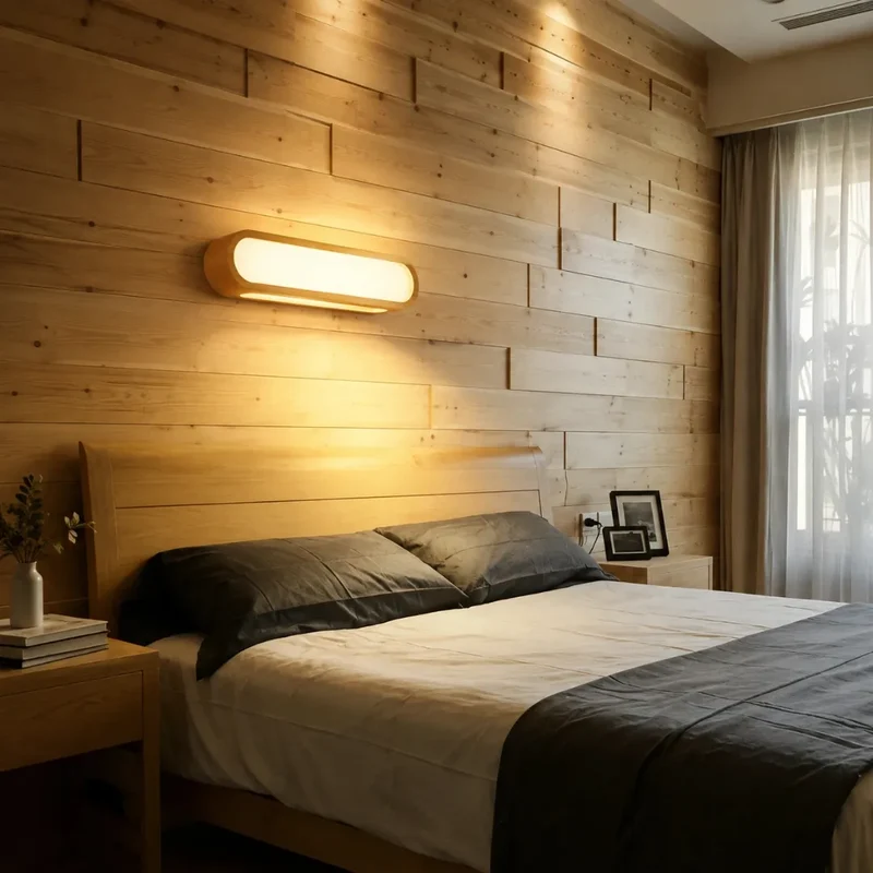 Ovale Wandleuchte aus Eichenholz im skandinavischen Design fürs Schlafzimmer