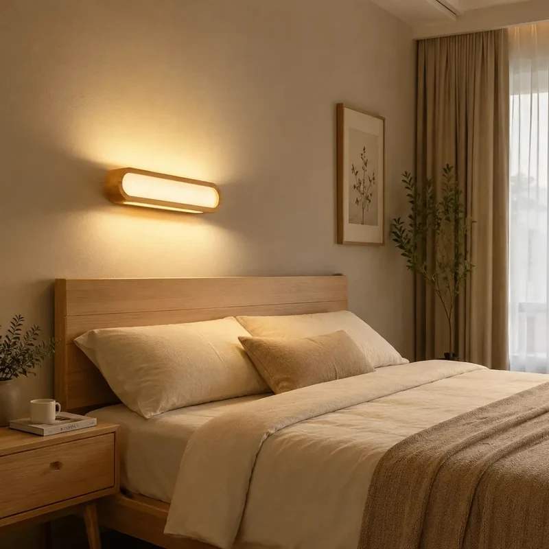 Ovale Wandleuchte aus Eichenholz im skandinavischen Design fürs Schlafzimmer