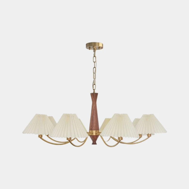 Chandelier Japandi Brass Walnut Fabric Pleated Shade