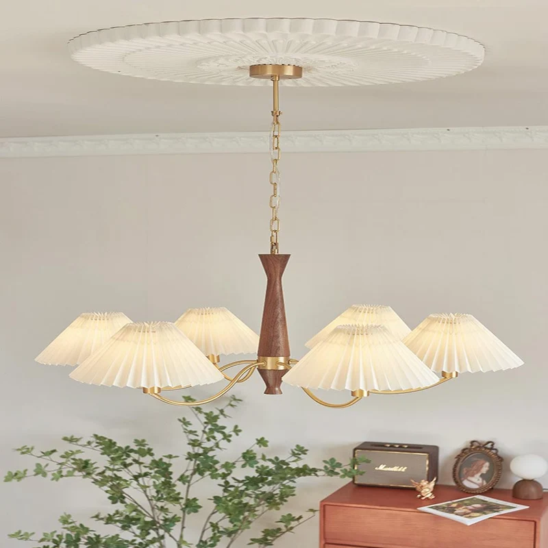 Chandelier Japandi Brass Walnut Fabric Pleated Shade