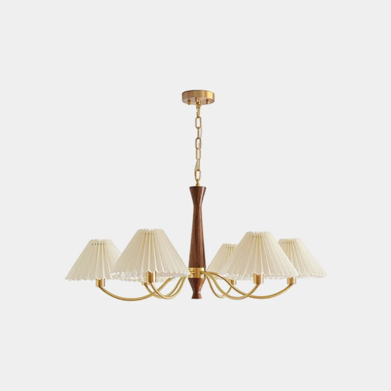 Chandelier Japandi Brass Walnut Fabric Pleated Shade