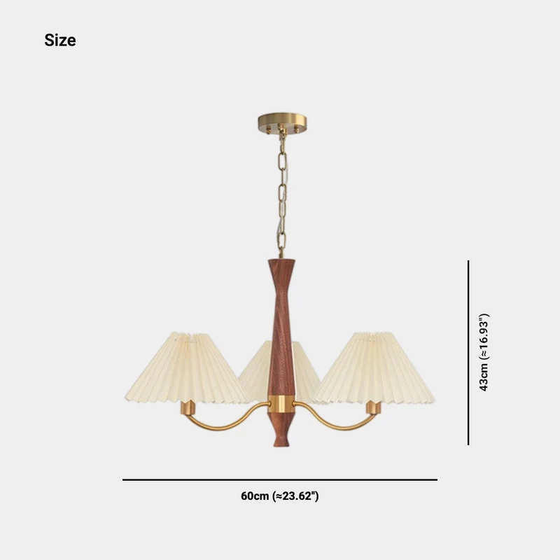 Chandelier Japandi Brass Walnut Fabric Pleated Shade