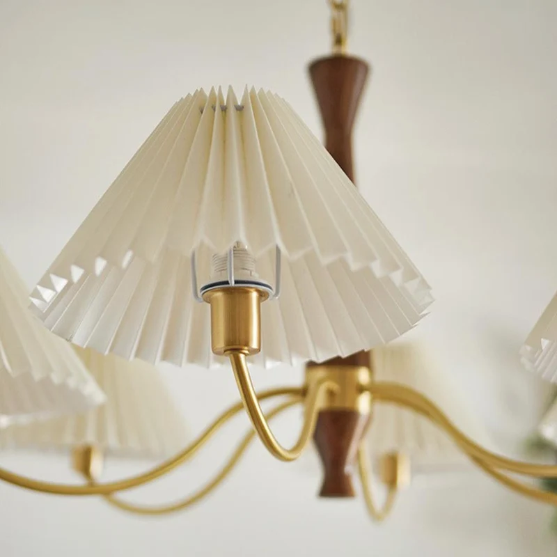 Chandelier Japandi Brass Walnut Fabric Pleated Shade