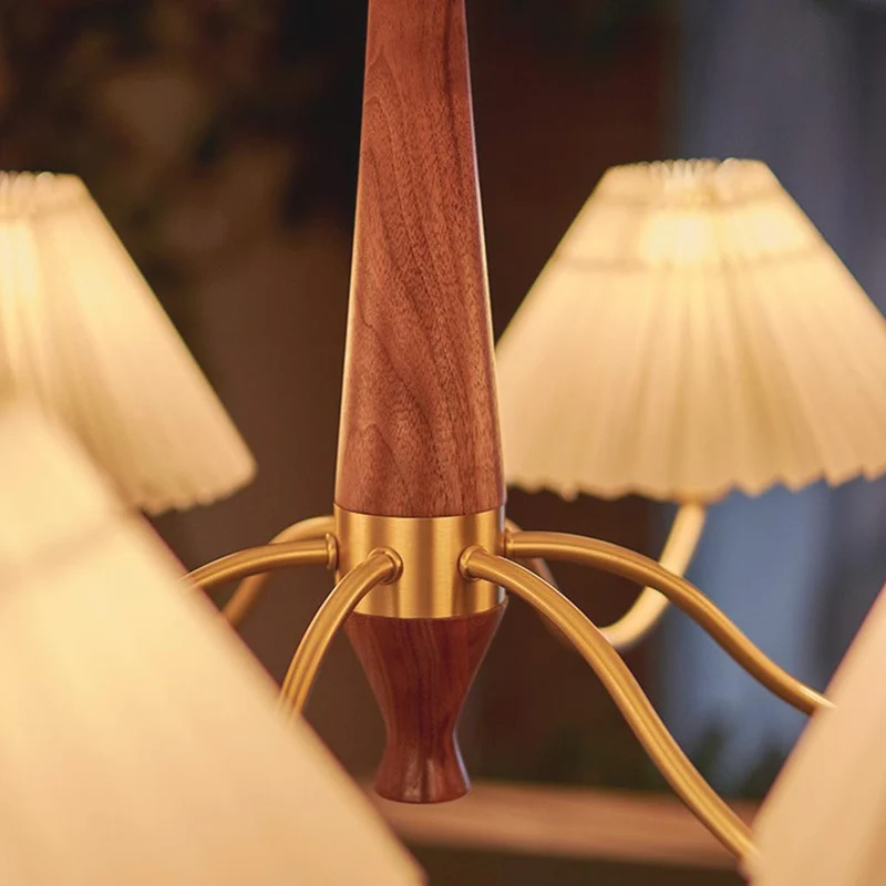 Chandelier Japandi Brass Walnut Fabric Pleated Shade