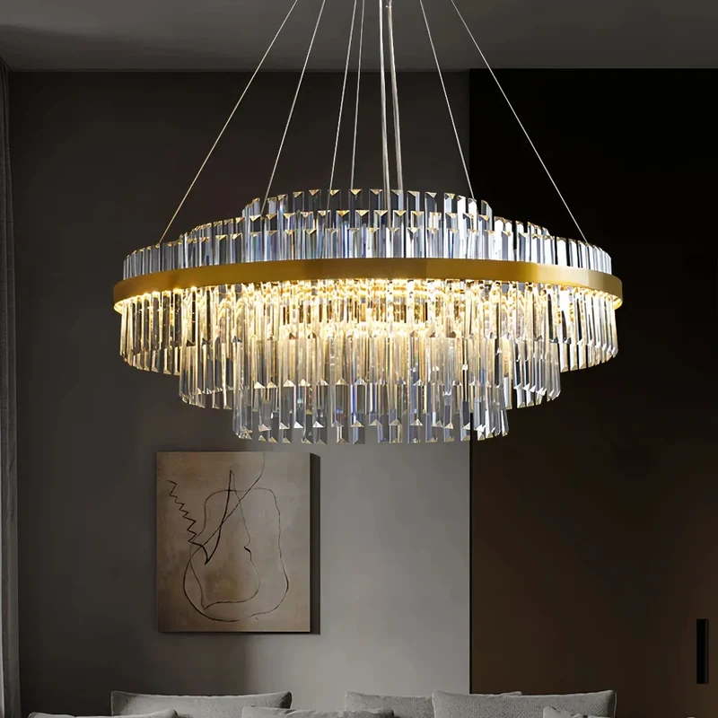 Moderner runder Kristall-Kronleuchter in Gold für Wohnzimmer