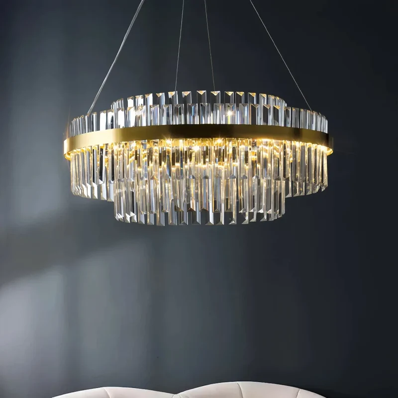 Moderner runder Kristall-Kronleuchter in Gold für Wohnzimmer