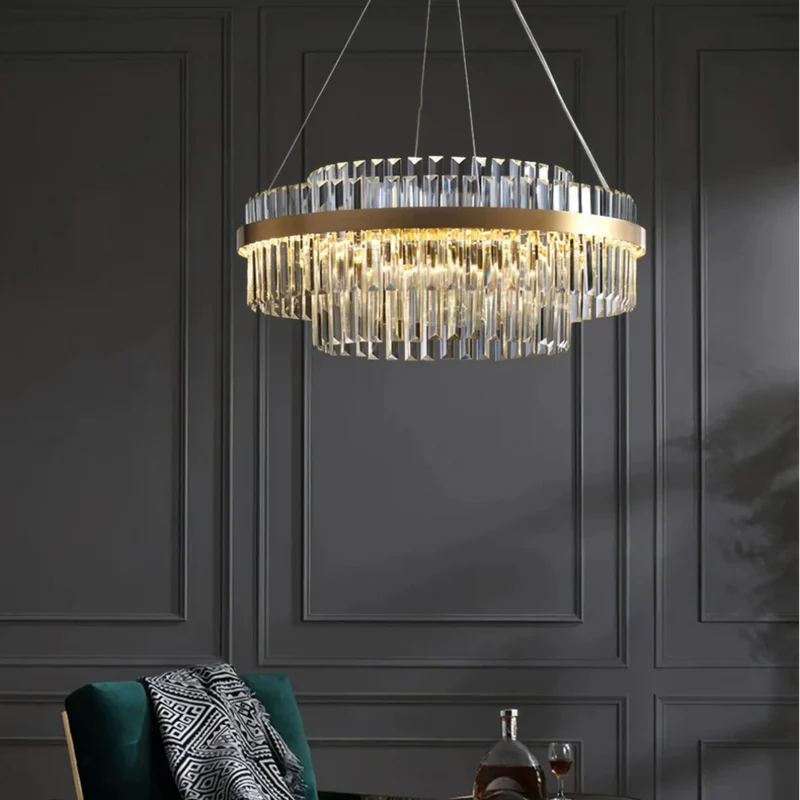 Moderner runder Kristall-Kronleuchter in Gold für Wohnzimmer