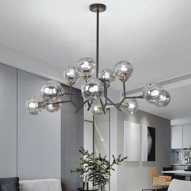 Chandelier Stylish Smokey Grey Glass Globe Bubble, 12 Lights