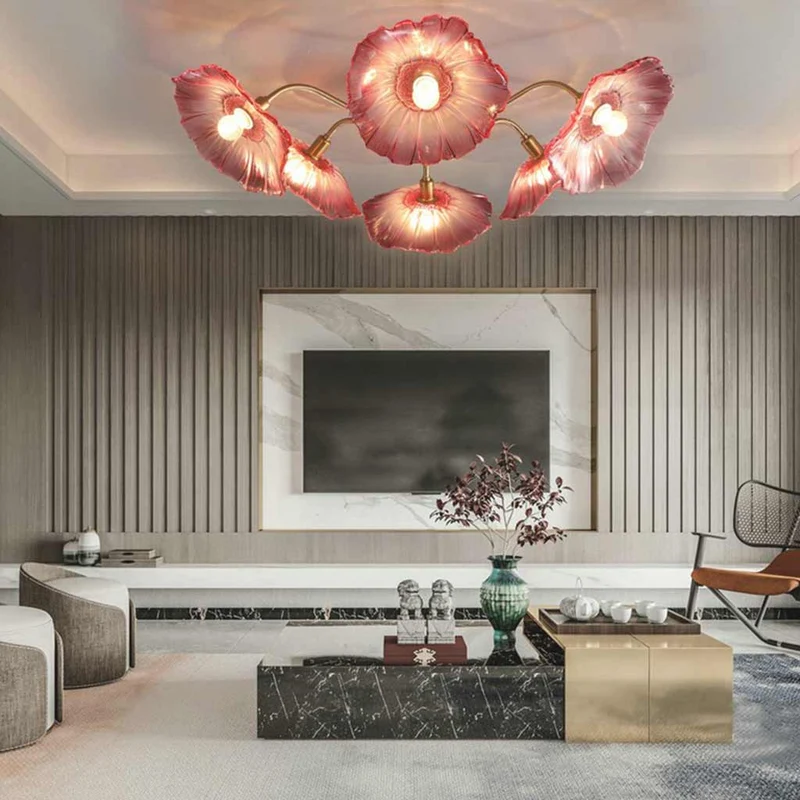 Chandelier / Ceiling Light Retro Glass Lotus Flower, Purple / White