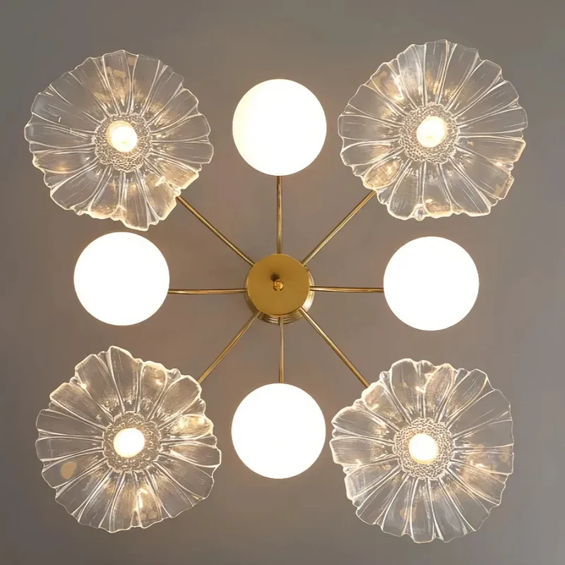 Designer-Kronleuchter Gold im modernen Stil mit Glasschirmen für Wohnzimmer