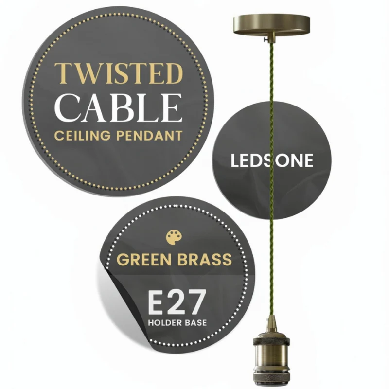 Ledsone E27 Pendel-Set Green Brass 1m Textilkabel ~3566