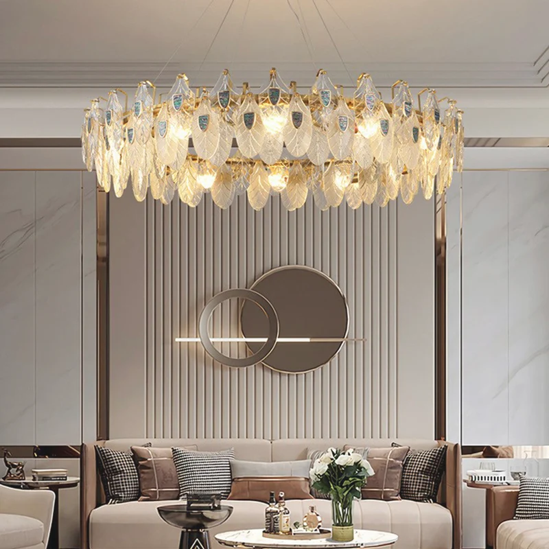 Chandelier Luxurious Crystal Glass Feather, Gold