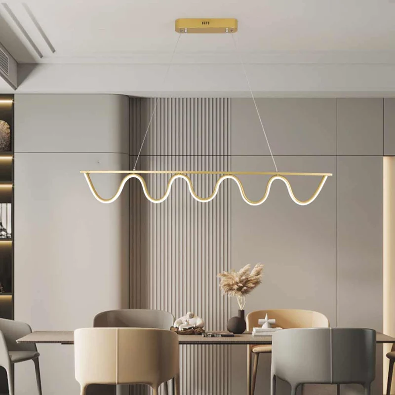 Pendant Light Modern Linear Wavy Dimmable LED Hanging, Black / Gold