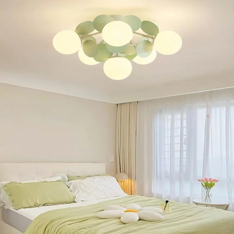 Ceiling Light Cream Glass Globe Branch, Green Leaves