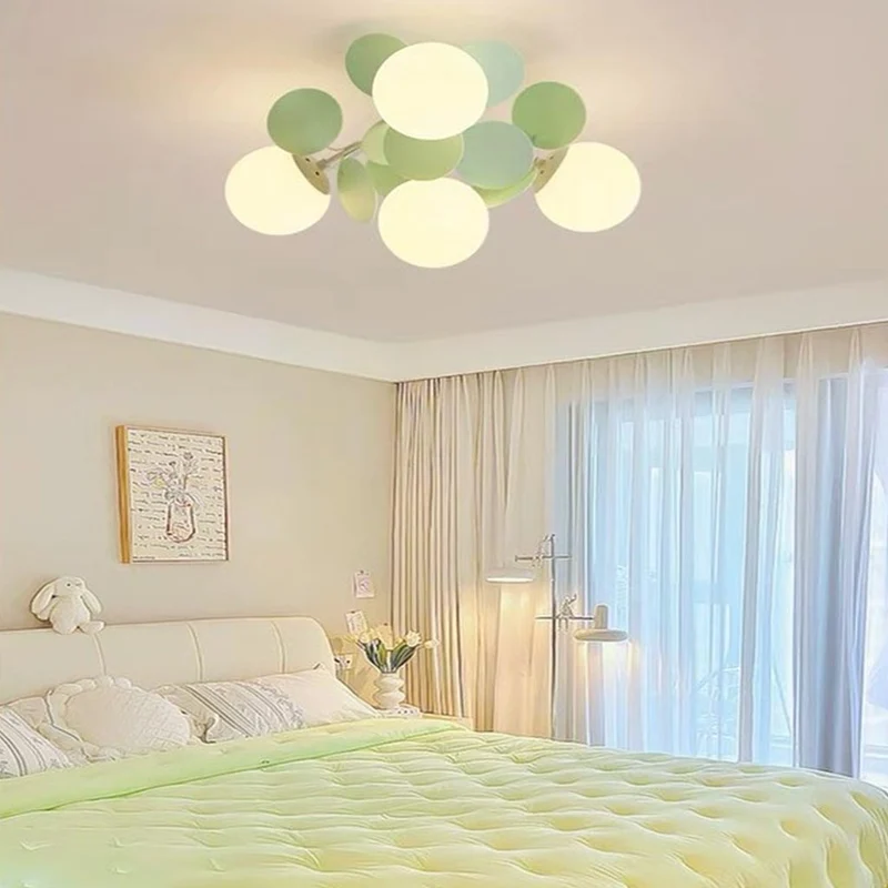 Ceiling Light Cream Glass Globe Branch, Green Leaves