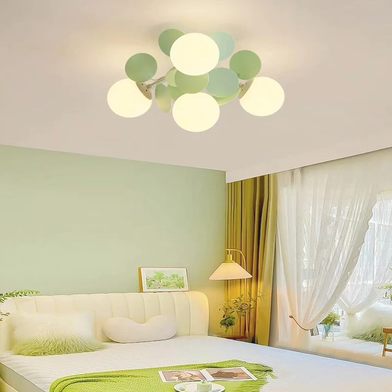 Ceiling Light Cream Glass Globe Branch, Green Leaves