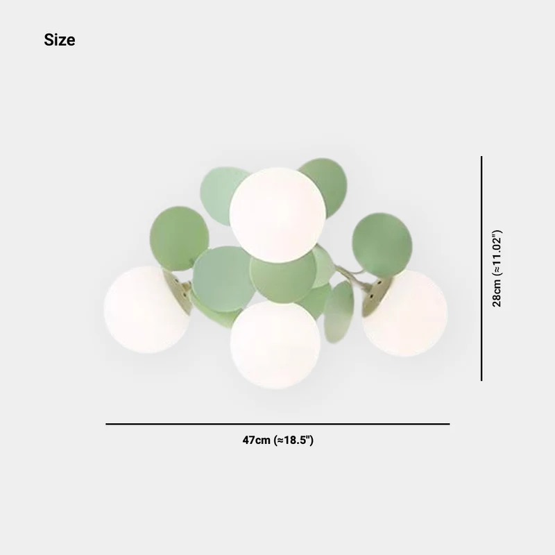 Ceiling Light Cream Glass Globe Branch, Green Leaves